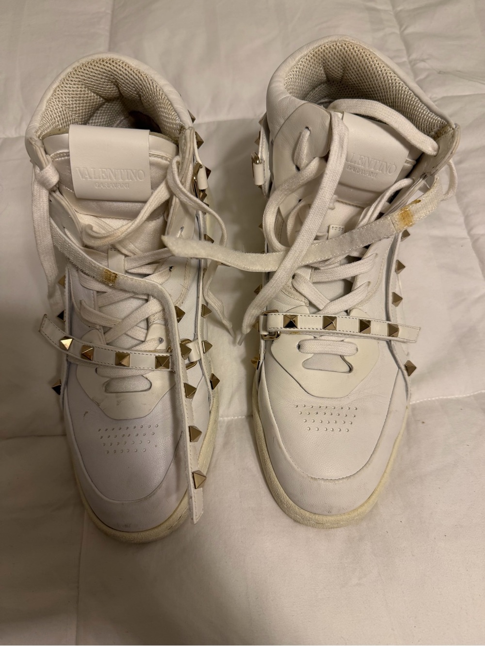 Valentino White Leather High-Top Sneakers with Gold Rockstuds